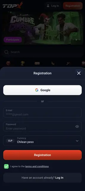 TopX visto en un smartphone: alta de cuenta con moneda CLP y acceso con Google