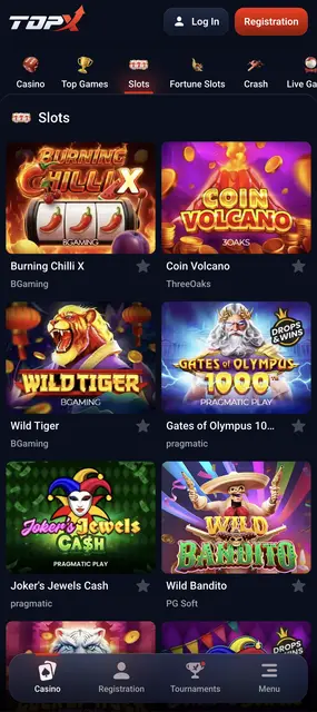 Web móvil de TopX, listado de tragamonedas de BGaming, Pragmatic Play y PG Soft
