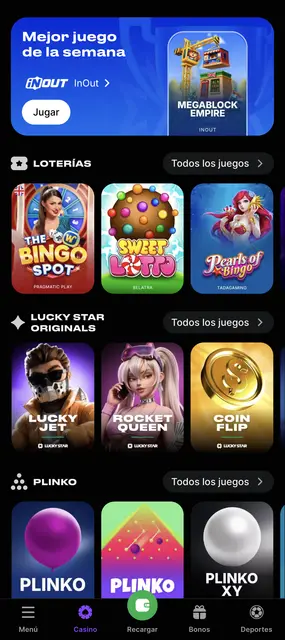 Web móvil de Lucky Star, vitrina con el mejor juego de la semana y los originales